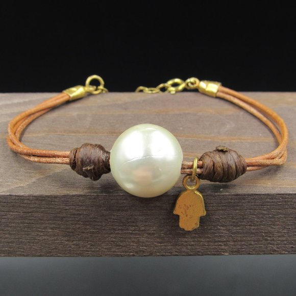 Jewelry - 7" Sterling Silver & Leather Large Faux Pearl Bracelet Vintage